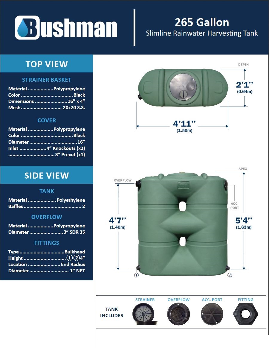 Bushman Slim Line Rainwater Tank - 265 Gallon