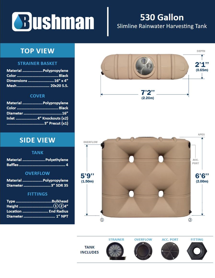 Bushman Slim Line Rainwater Tank - 530 Gallon