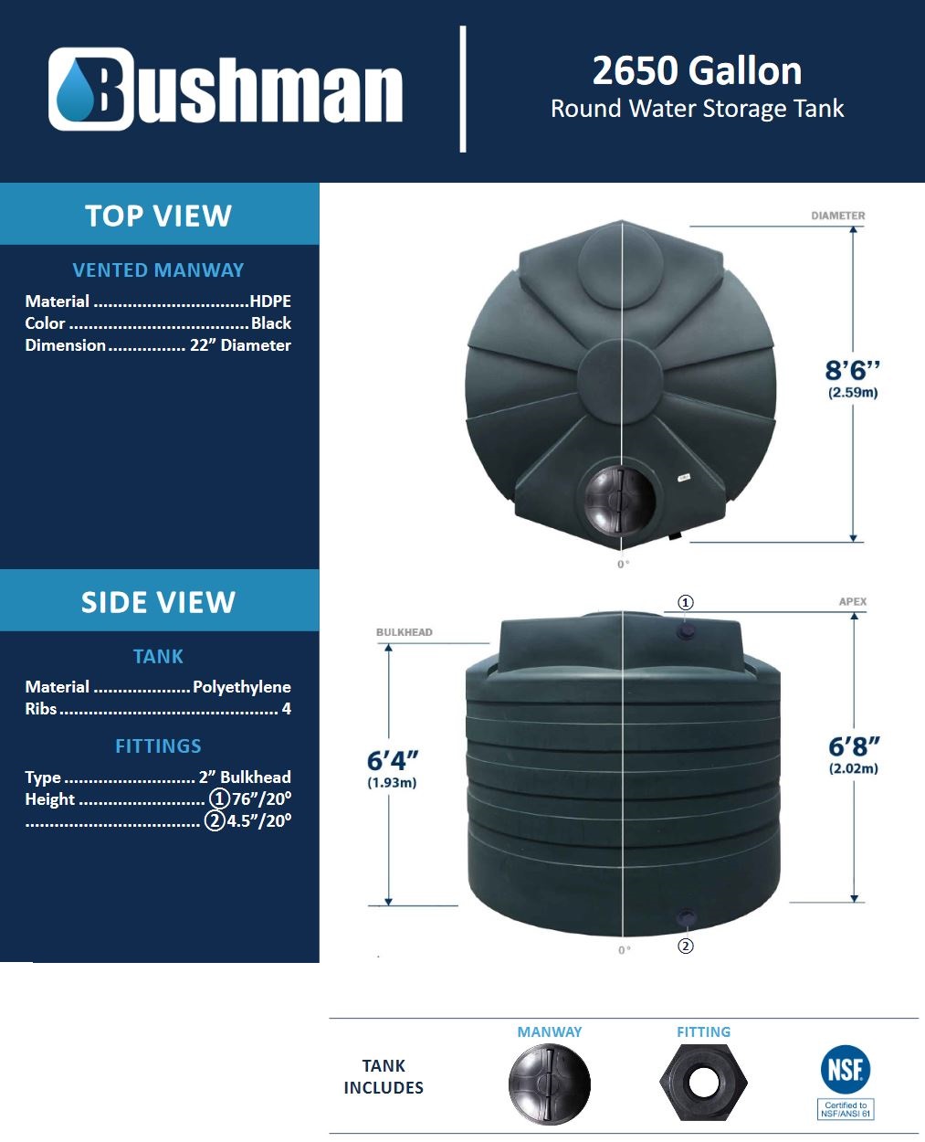 Bushman Water Storage Tank - 2650 Gallon