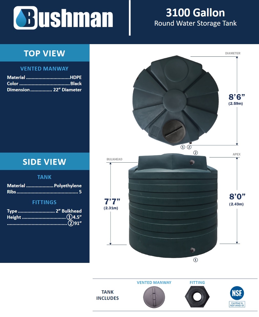 Bushman Water Storage Tank - 3100 Gallon